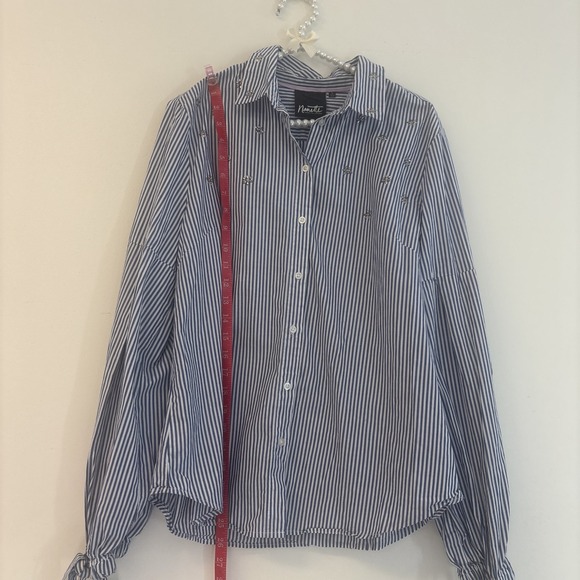 Nanette Lepore Womens Blouse Sz Lg Blue Striped Button Up Long Sleeve Ballon Bow - Picture 7 of 8